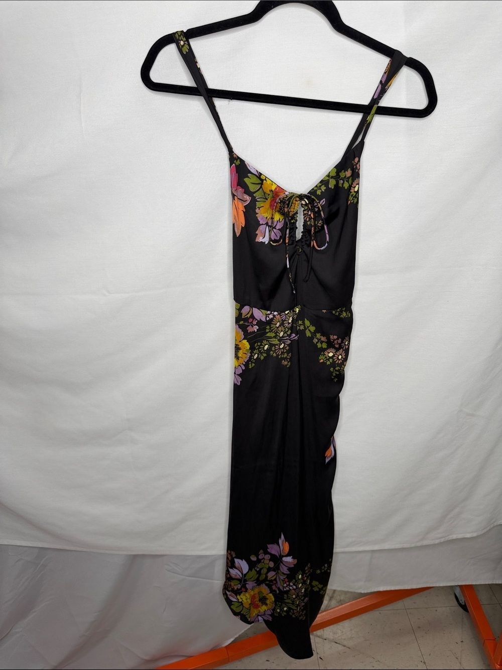 Women’s Black Floral Midi Dress with Spaghetti Straps